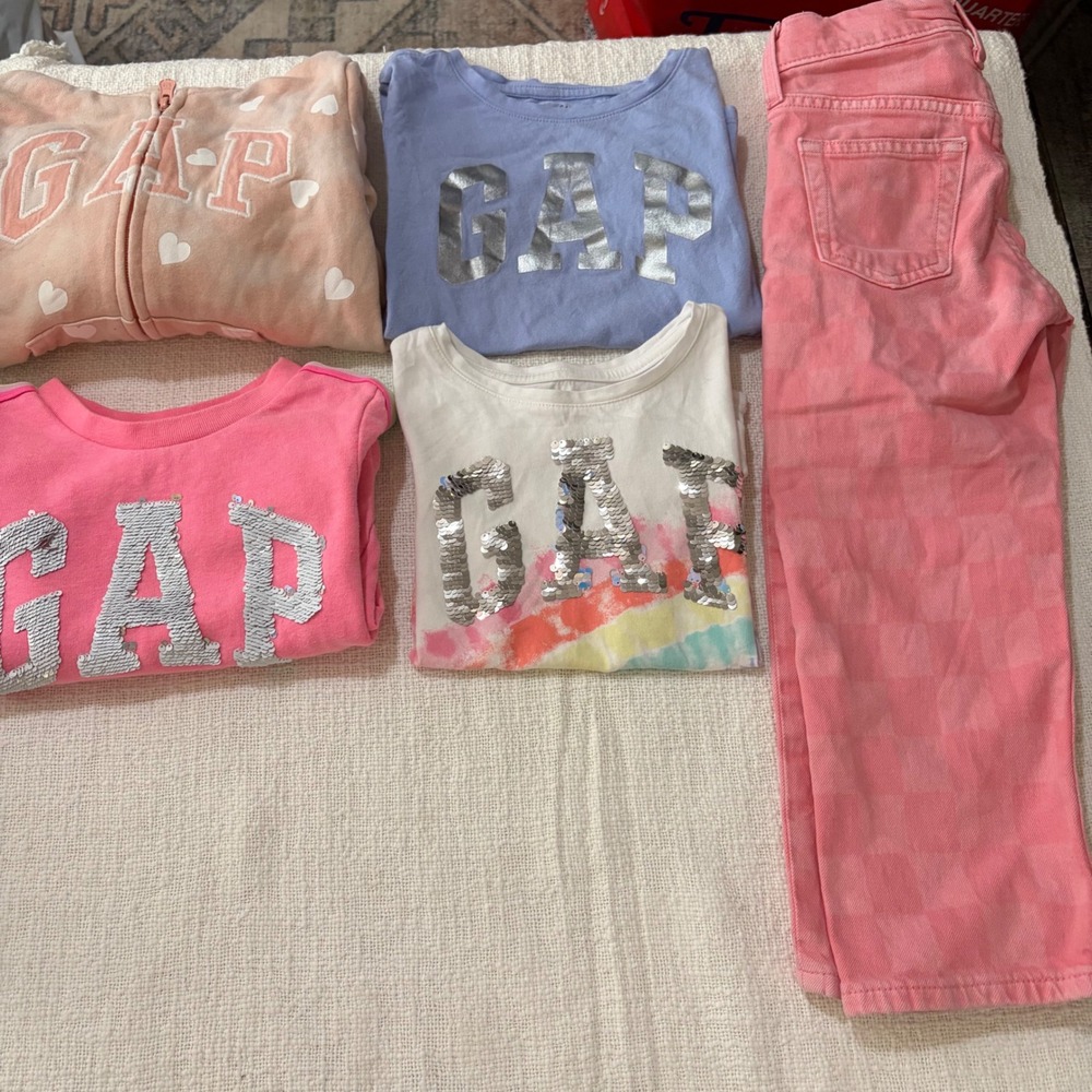 Gap Kids Girls Bundle 5pc Hoodie Sequin Tees Dress Checkered Pants Sz 5 S